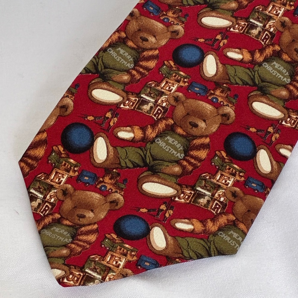 Ferrell Reed Necktie Vtg Xmas Teddy Bear Italian Silk Holiday Winter Collector